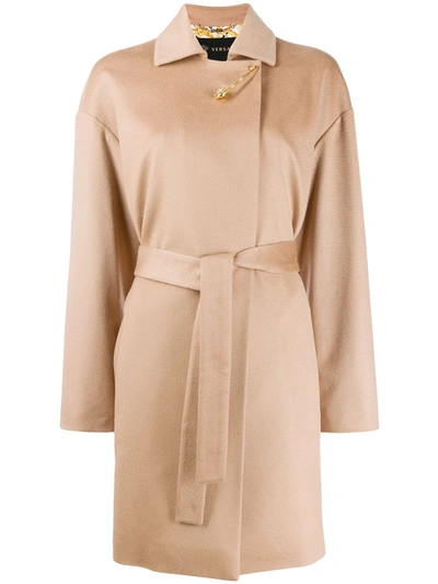 Versace Cashmere Single-breasted Coat In Neutrals