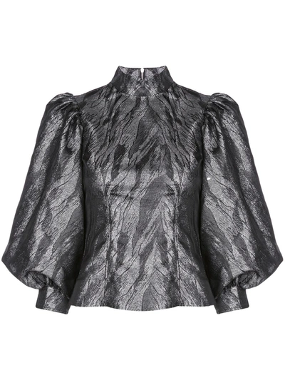 Ganni Metallic Puffed-sleeves Blouse In Black