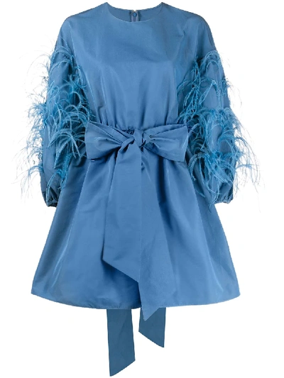 Valentino Feather Detail Flared Dress In Blue