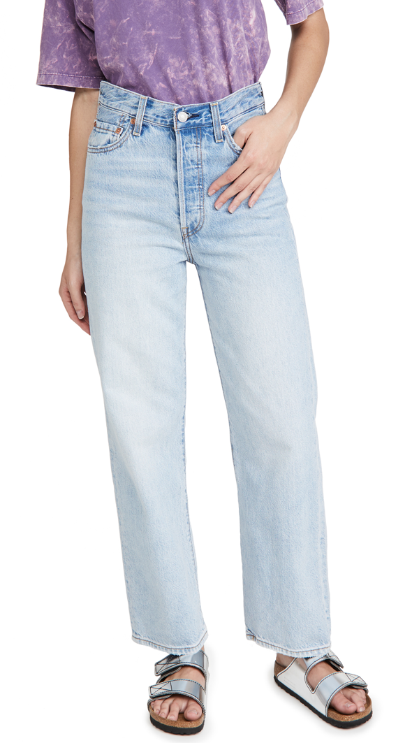 Levis Ribcage High Waisted Flares In Light Wash Blue In Middle Road