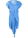 Nina Ricci Draped Plissé Cotton And Silk-blend Dress In Blue
