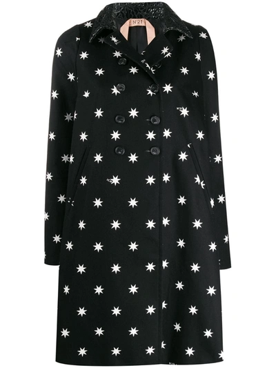N°21 Star-print A-line Coat W/ Laser-cut Collar In Black