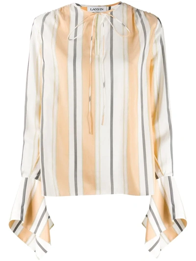 Lanvin Statement Sleeve Blouse In White,grey,beige