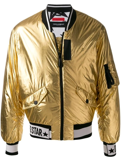 Dolce & Gabbana Dg Star Metallic Bomber Jacket In Gold