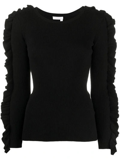 Chloé Ruffle-trimmed Ribbed Sweater In Black