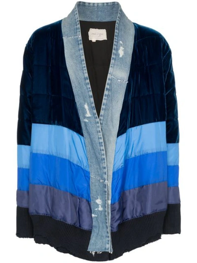 Greg Lauren Puffy Velvet & Nylon Kimono Jacket In Blue