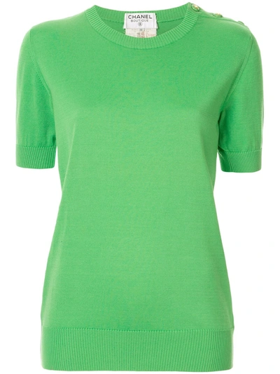 Pre-owned Chanel Buttoned Shoulder Knitted T-shirt In Green