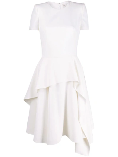 Alexander Mcqueen Asymmetric Wool Grain De Poudre Dress In White
