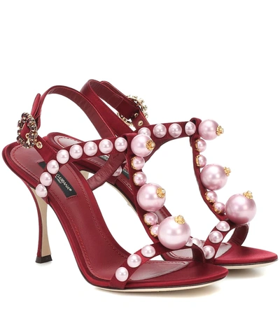 Dolce & Gabbana Faux-pearl Embellished T-bar Stiletto Sandals In Red