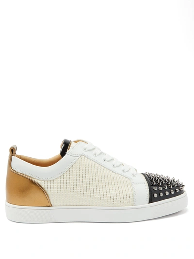 Christian Louboutin Louis Junior Spikes Orlato Leather And Jacquard Sneakers In Beige