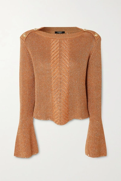 Balmain Button-embellished Metallic Cable-knit Sweater In Brown