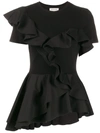 Alexander Mcqueen Ruffled Sateen And Cotton-jersey Peplum T-shirt In Black