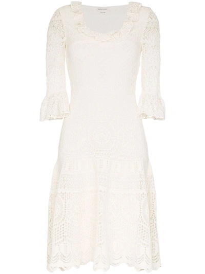 Alexander Mcqueen Crochet Frill Fit And Flare Dress In Neutrals