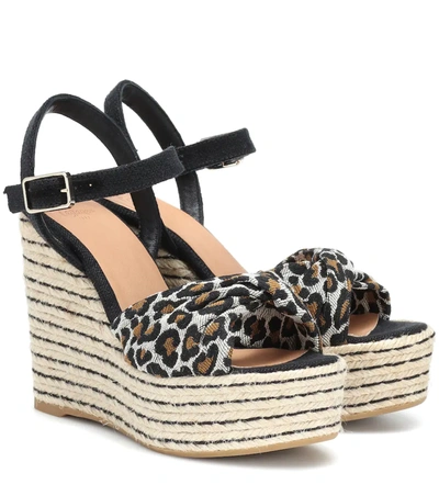 Castaã±er Cotton And Linen-blend Leopard-jacquard And Canvas Wedge Espadrille Sandals In Black