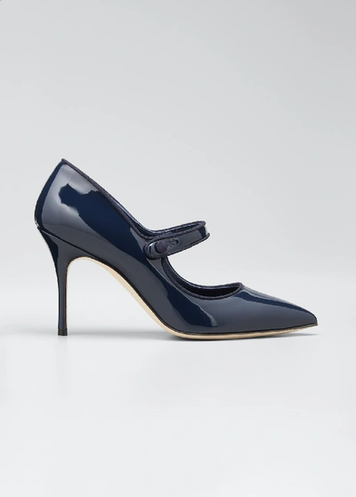Manolo Blahnik Patent Leather Mary Jane Pumps In Blue