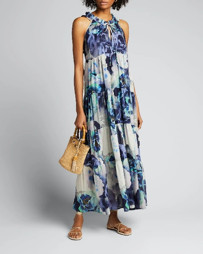 Fuzzi Floral Print Cotton Voile Tiered Ruffle Maxi Dress In Blue