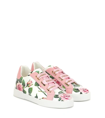 Dolce & Gabbana Kids' Portofino Floral Leather Sneakers In Pink