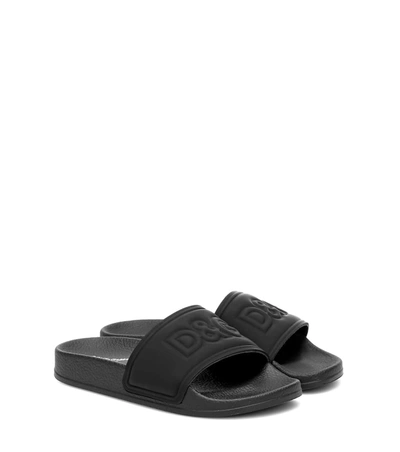 Dolce & Gabbana Kids' Leather Slides In Black