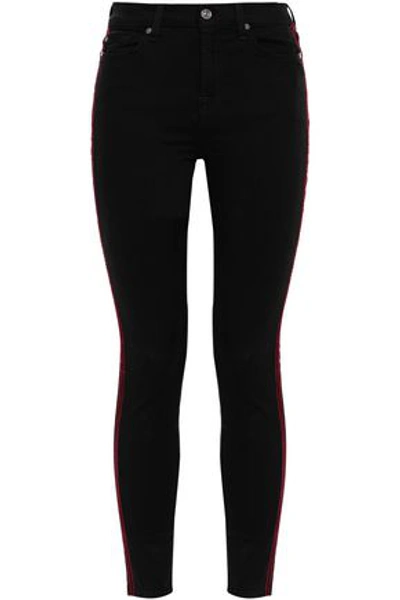 7 For All Mankind Velvet-trimmed High-rise Skinny Jeans In Black