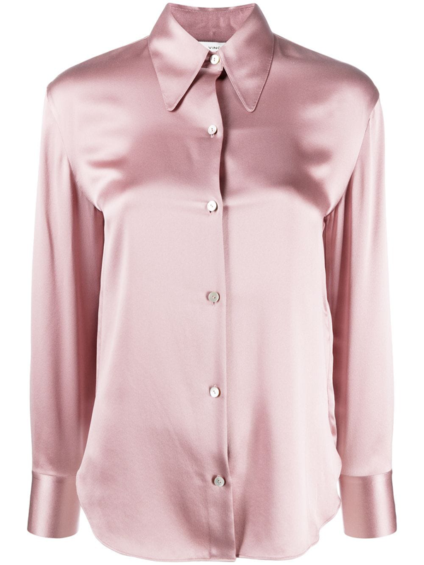 Vince Shirred Band Collar Silk Blouse In Pink | ModeSens