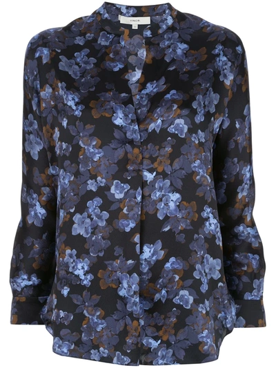 Vince Plumeria Blooms Long-sleeve Silk Blouse In Blue