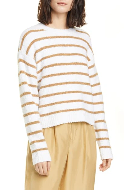 Vince Striped Crewneck Waffle Stitch Sweater In Optic White/ Dune