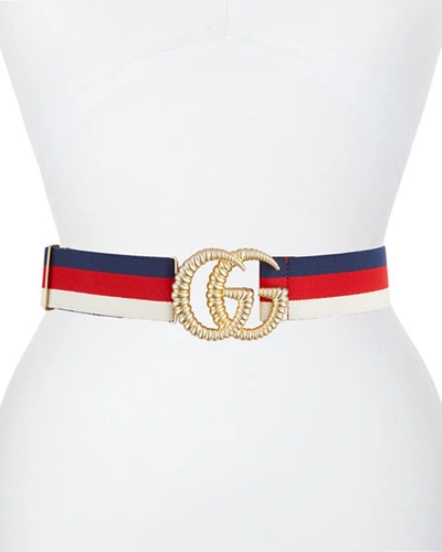 Gucci Piccadilly Moon Elastic Web Belt W/ Textured Gg Buckle In Blue/red