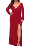 La Femme Long Sleeve Faux Wrap Gown In Red