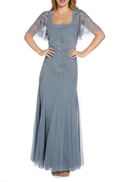 Adrianna Papell Embellished Godet Gown In Silver Mist