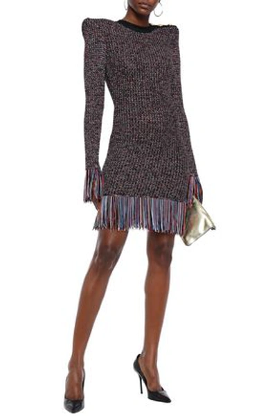 Balmain Fringe-trimmed Button-embellished Knitted Mini Dress In Black