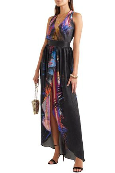 Balmain Pleated Printed Washed-silk Halterneck Maxi Dress In Black