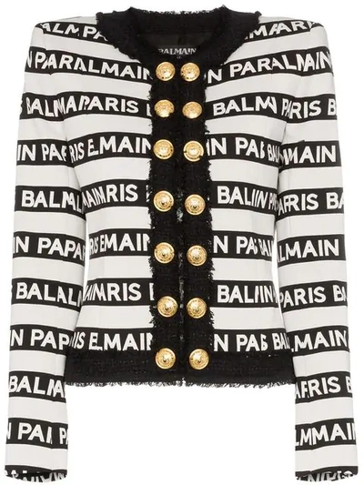 Balmain Button-embellished Logo-print Cotton-blend Canvas Jacket In White