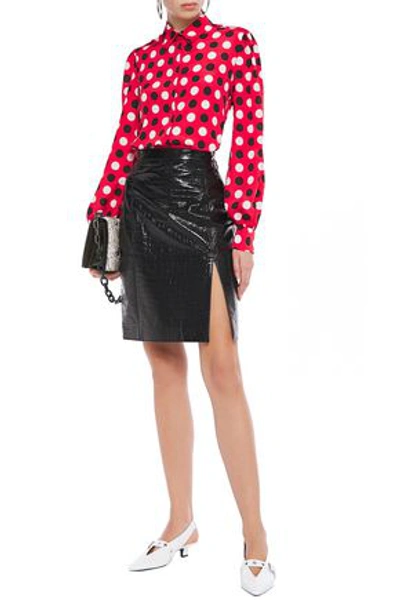 Msgm Croc-effect Coated Cotton-blend Mini Skirt In Black