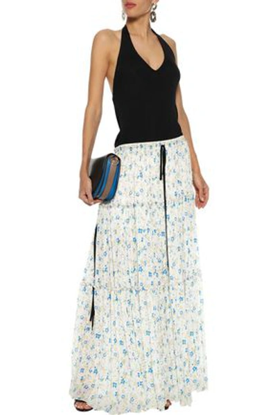 Chloé Ribbed-knit And Floral-print Crepe De Chine Halterneck Maxi Dress In Multicolor