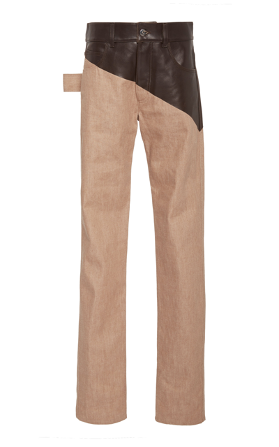 Bottega Veneta Denim Pants With Asymmetric Leather Waist In Beige