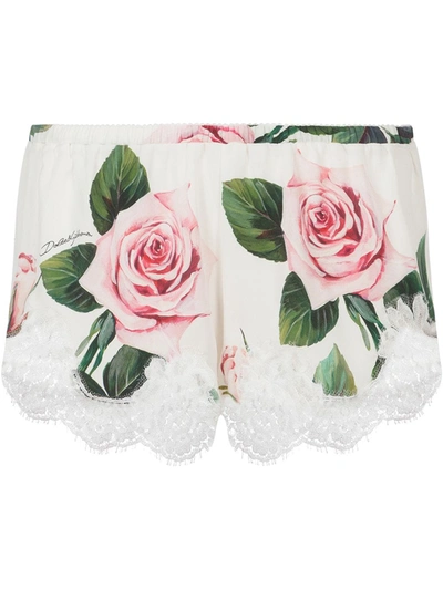 Dolce & Gabbana Satin Underwear Shorts With Tropical Rose Print And Lace In Floral Print