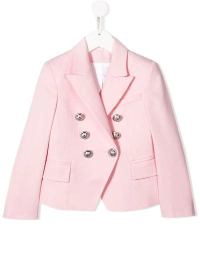 Balmain Kids' Double Breasted Virgin Wool Blazer In Pink