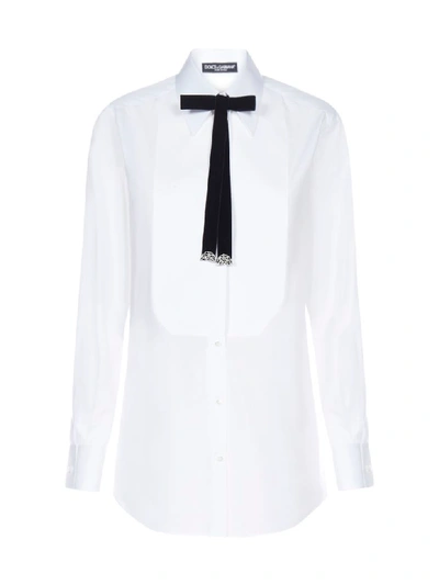 Dolce & Gabbana Velvet Pussy Bow Cotton Shirt In Bianco Ottico