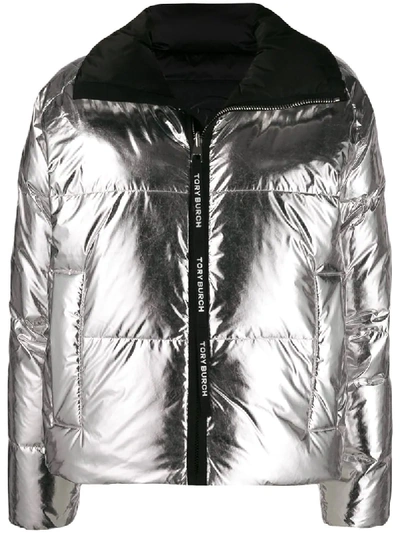 Tory Burch Reversible Puffer Jacket With Logo In Silver,black