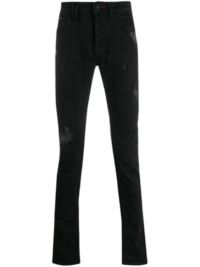 Philipp Plein Distressed Slim-fit Jeans In Black