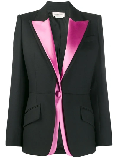 Alexander Mcqueen Double Lapel Light Wool Silk Blazer In Black/hibiscus Pink