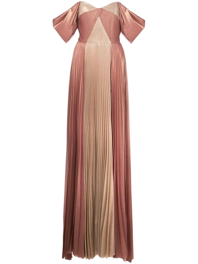 Marchesa Notte Off-shoulder Pleated Evening Dress In Pink