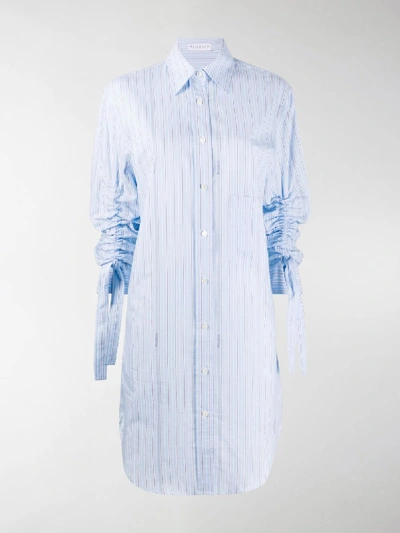 Jw Anderson Ruched Sleeve Pinstripe Shirt Dress In Blue