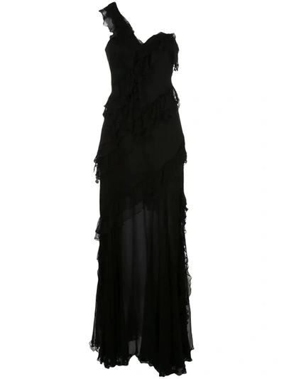 Amur One-shoulder Ruffled Silk Illusion Gown In Black