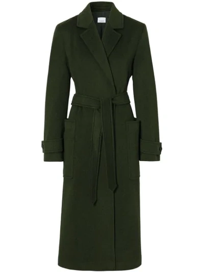 Burberry Sherringham Cashmere Wrap Front Coat In Green