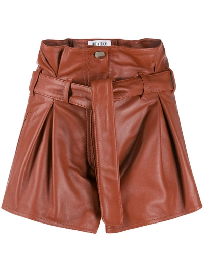 Attico Pleated High-rise Leather Shorts In Brown