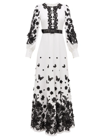 Andrew Gn Floral Applique Zip-neck Gown In White Black