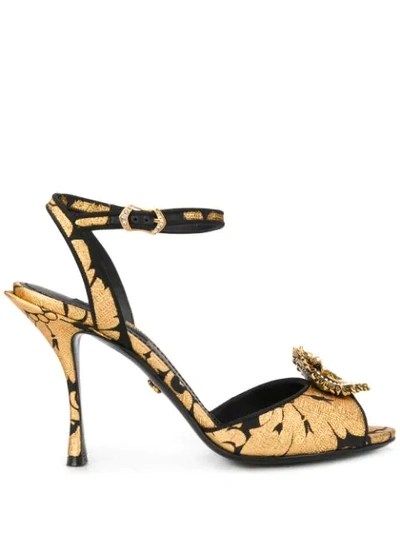 Dolce & Gabbana Brooch Pearl-embellished Brocade Sandals In Black