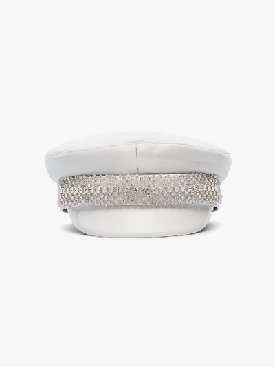Ruslan Baginskiy White Crystal Embellished Leather Baker Boy Hat