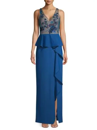 Marchesa Notte Floral Embellished Peplum Column Gown In Peacock